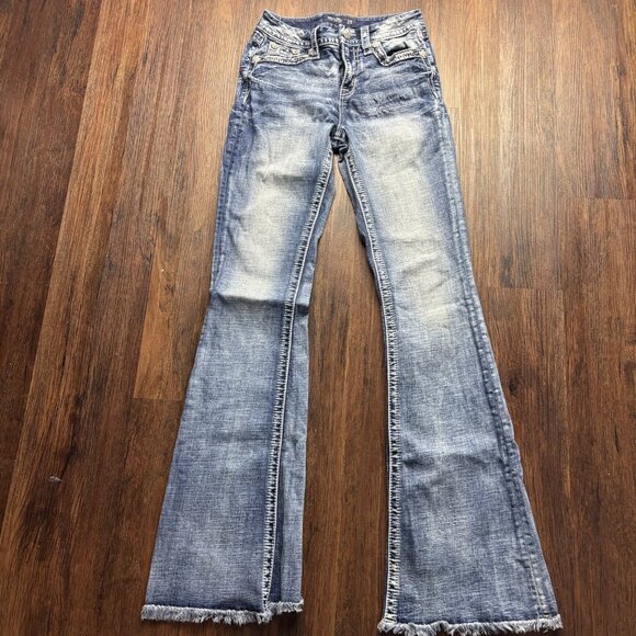 Miss Me High Rise Flare Jeans Distressed Light Wash Sequins Raw Hem Size 25 - Picture 1 of 12